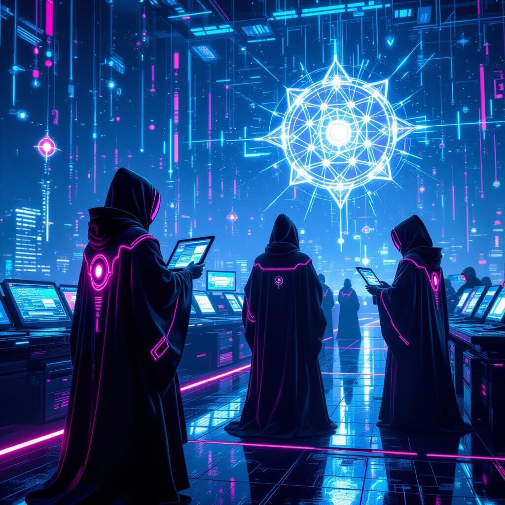 Cyberpunk Data Center with Floating Chakras