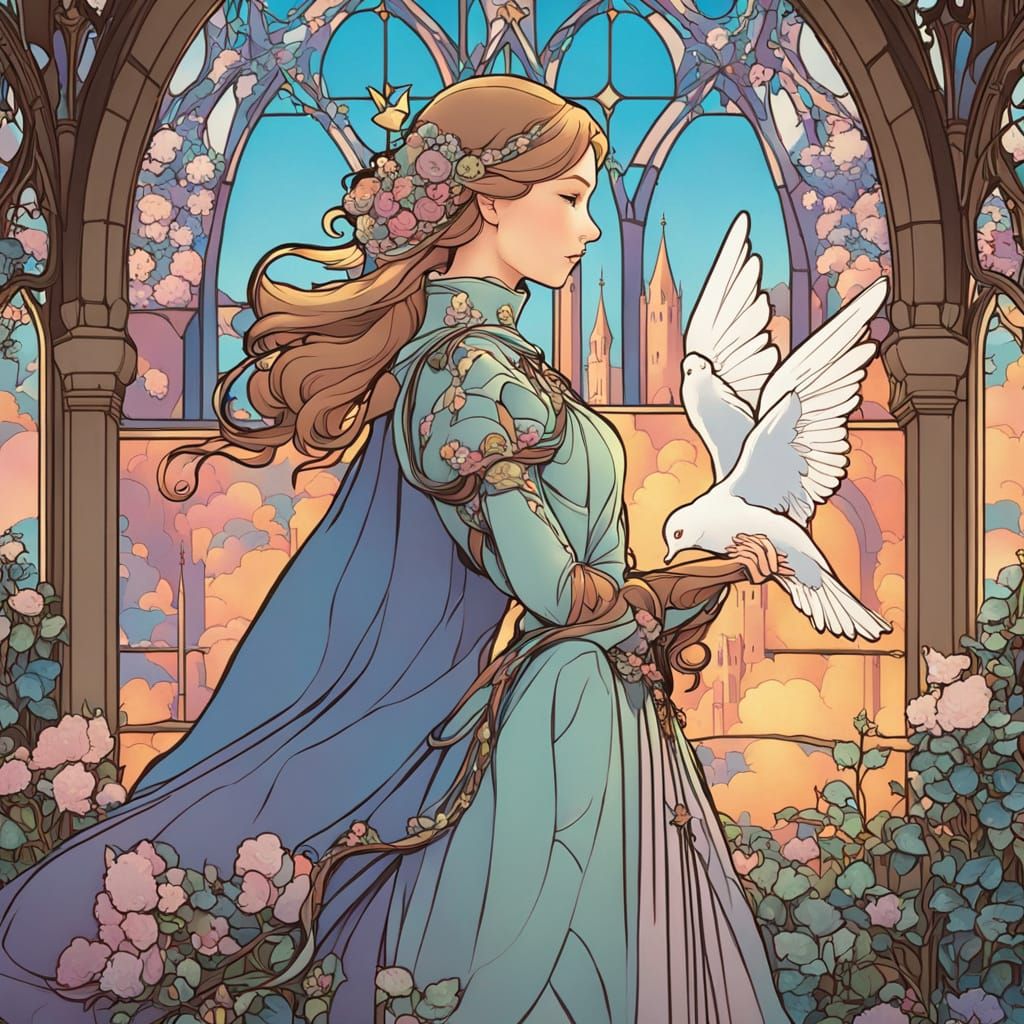 Medieval Girl Adorns Tower Window with Dove in Soft Pastel H...