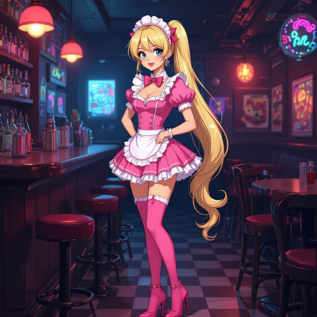Man in Pink Maid Outfit in Bar, Murakami Style