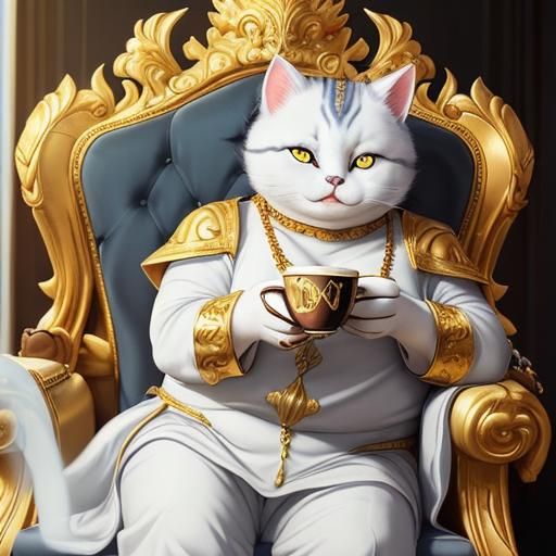 Menacing Grey Cat Prince Drinks Coffee