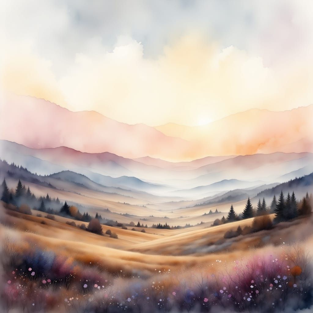 Dreamy Watercolor Landscape with Hazy Forest and Gradients