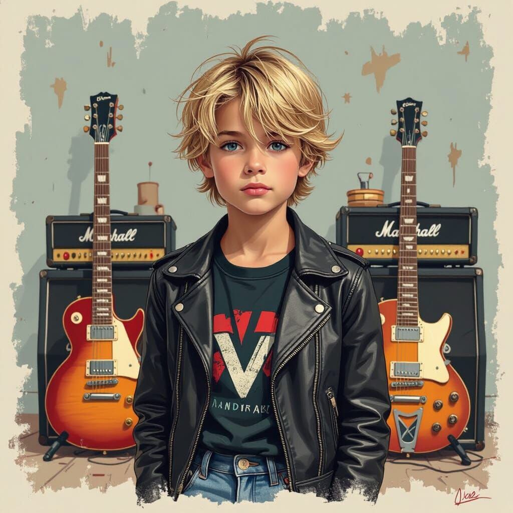 German Boy with Guitars in Graphic Realism Style