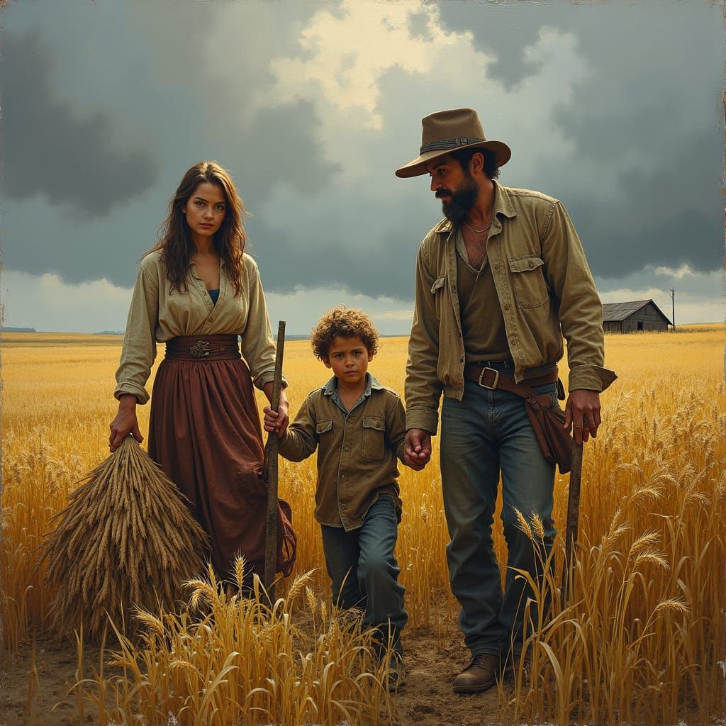 Rural Family's Resolve: An Impasto Painting