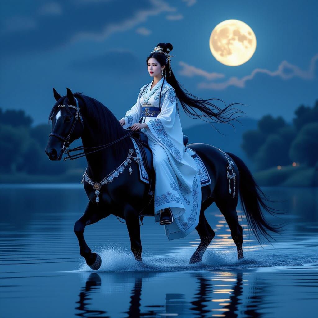 Hanfu Woman and Black Stallion on Moonlit Lake