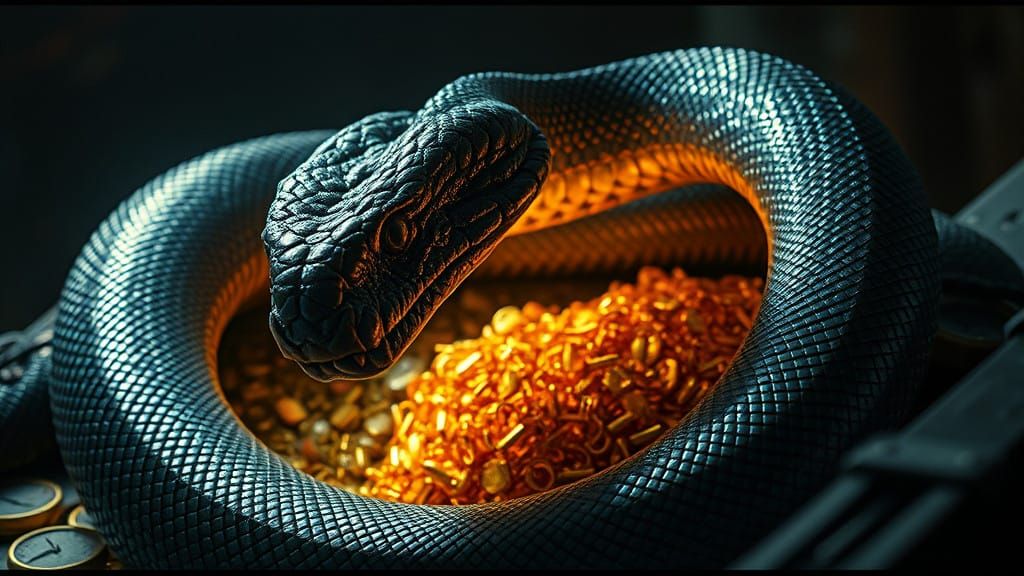 Majestic Chrome Serpent Guards Golden Hoard in Dimly Lit Rea...