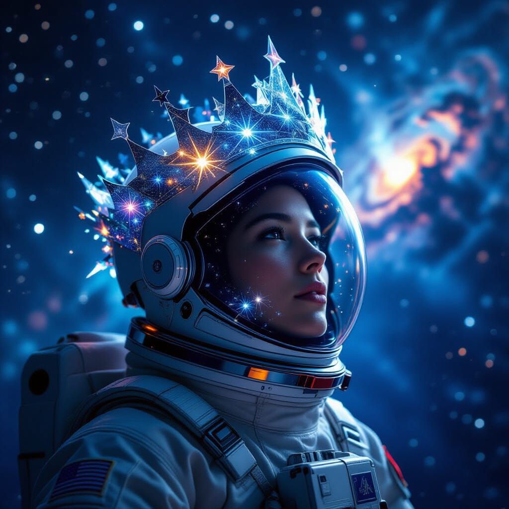 Astronaut Adrift, Crowned in Starlight, Reflecting Distant P...
