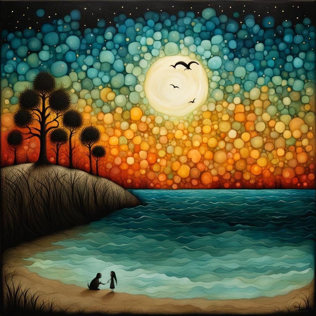 Dreamlike Beach Scene in Naive Art Style