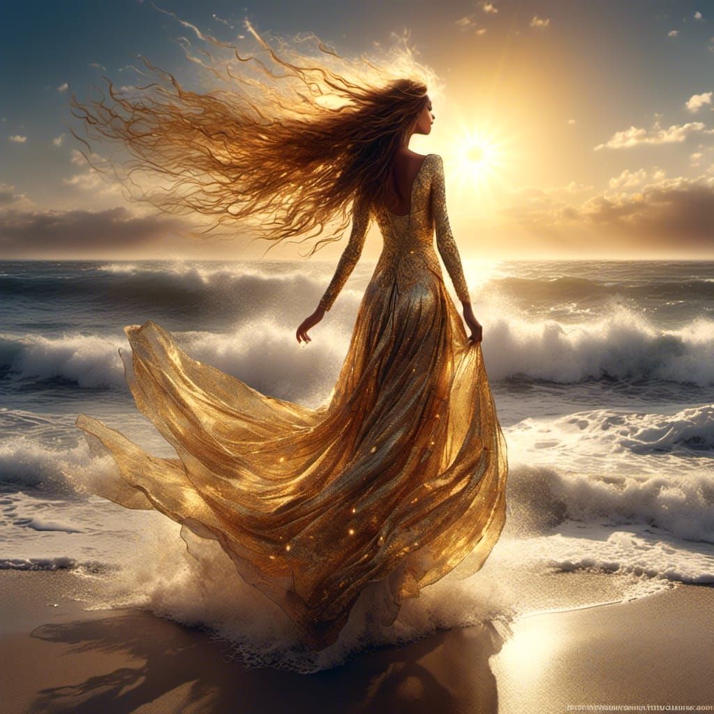 Woman on Beach in Golden Light: Digital Art