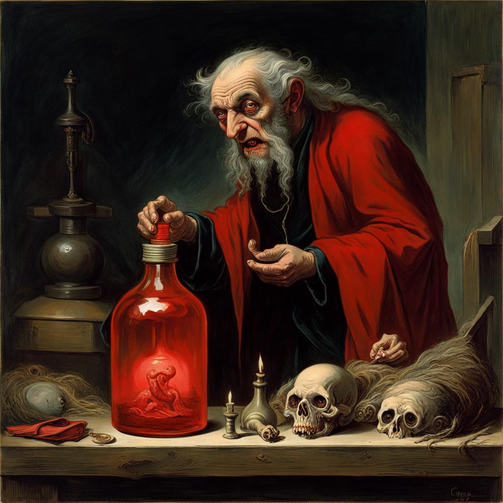Homunculus in Red Bottle: Horror Illustration