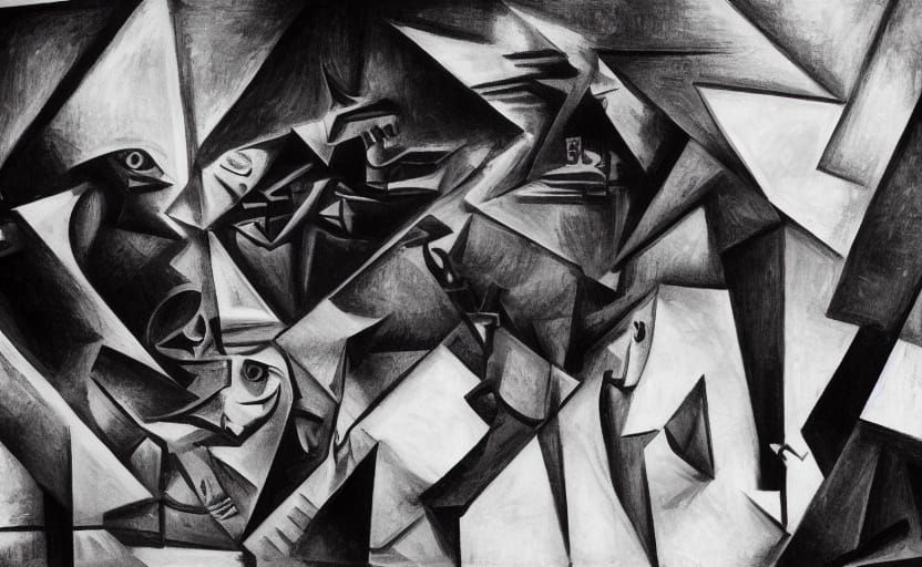 Visceral Cubist Composition of Chaos and Flight