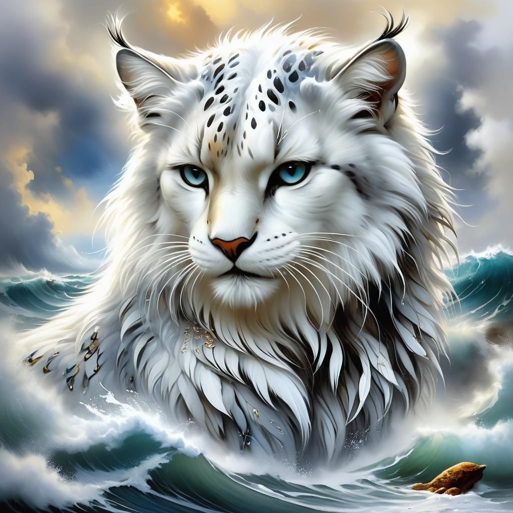 Majestic Wild Cat with Gold Quill in Ethereal Style