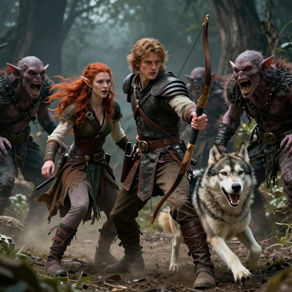 Epic Rogue Defends Elf Woman from Goblins with Husky Wolf