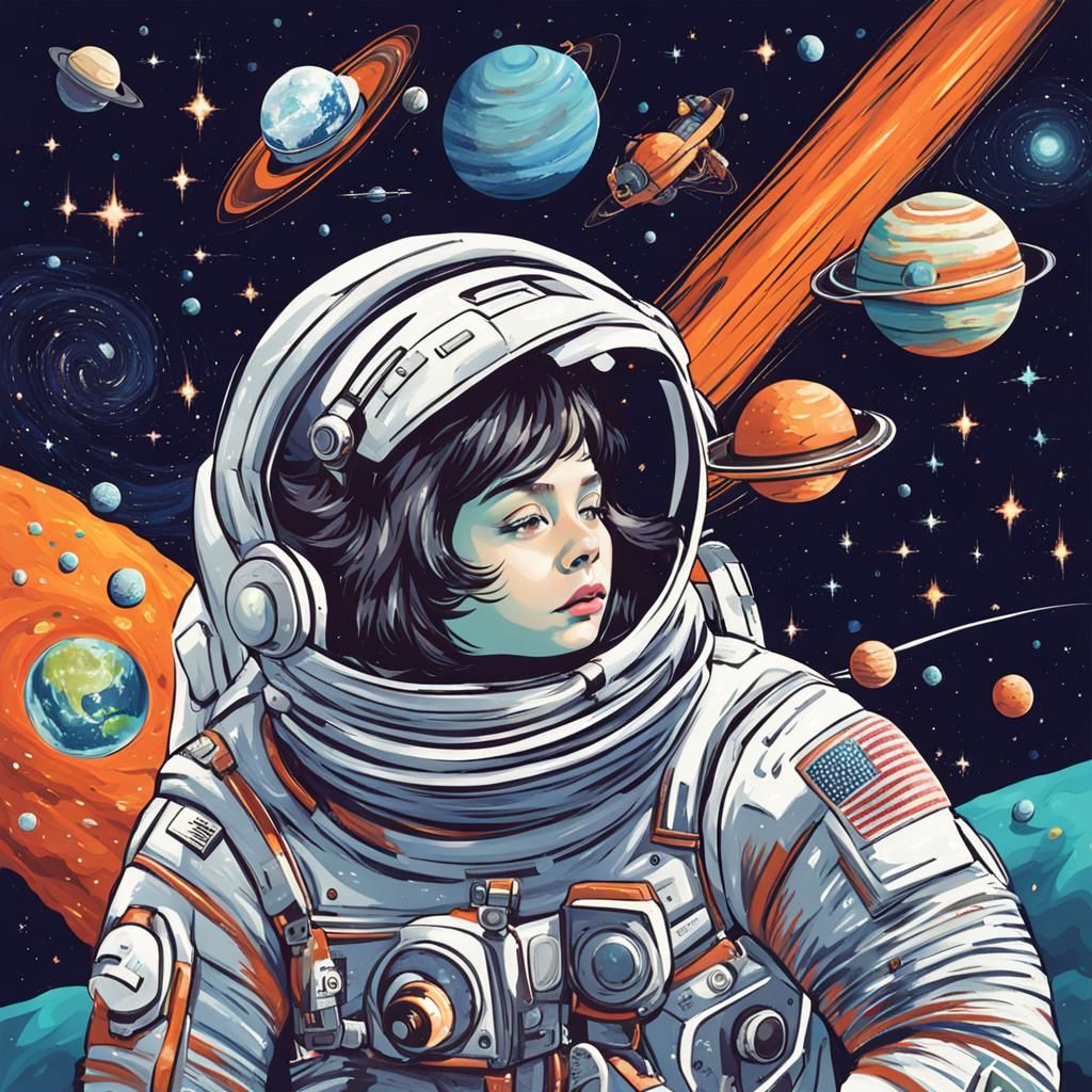 Girl Floating in Deep Space