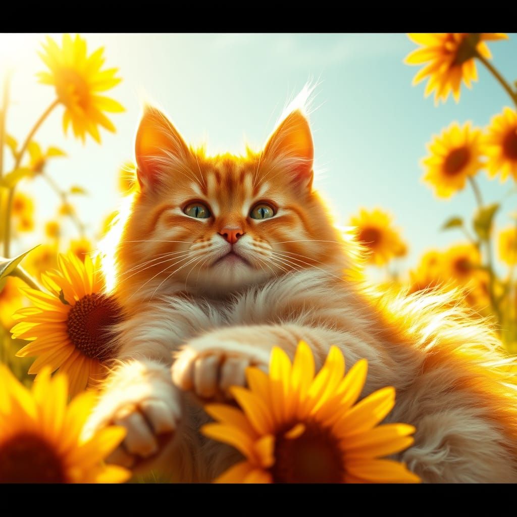 Whimsical Cat in Sunflower Paradise