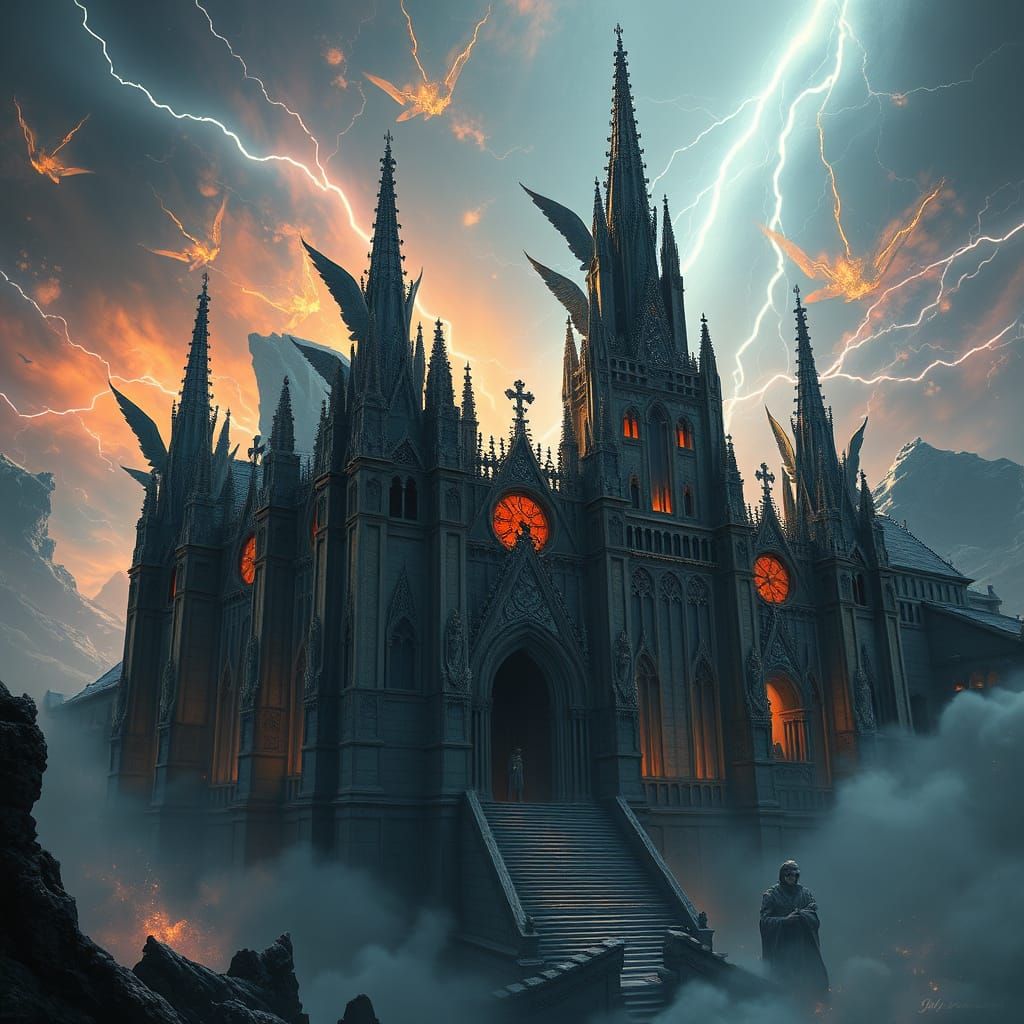 Ancient Cathedral in Nebula with Angelic Facade