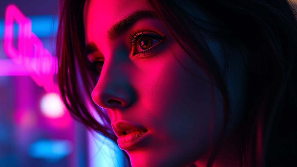 Vibrant Woman in Neon Cityscape