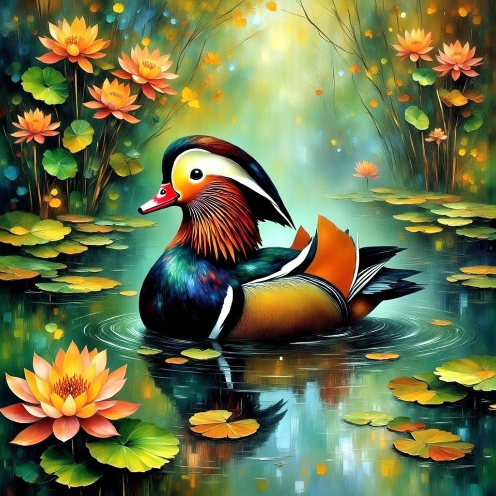 Mandarin Duck in Whimsical Woodblock Style