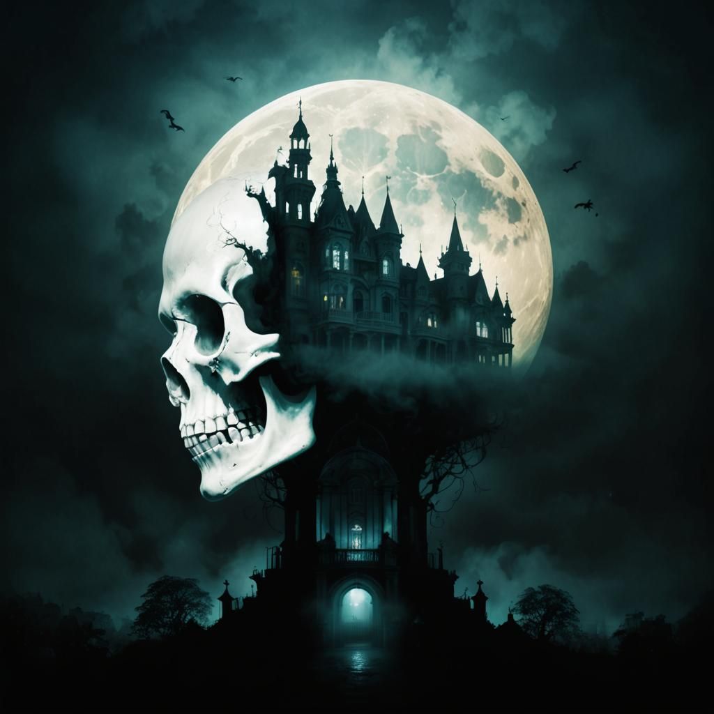 Ethereal Moon Skull Over Baroque Haunted Mansion
