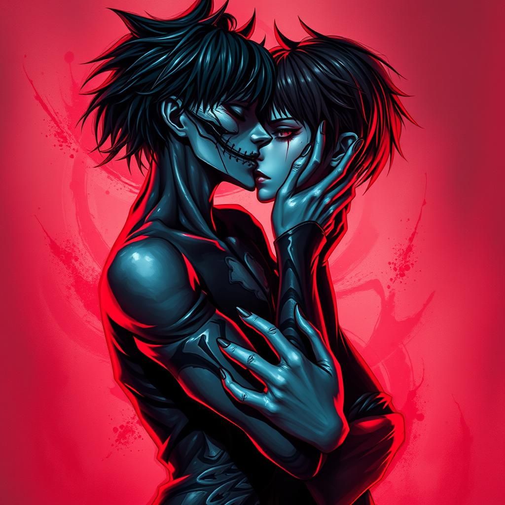 Ryuk and Rem Kiss in Moody Concept Art Style