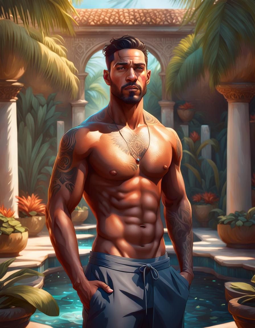 Handsome Man in Spa Garden, Hyperdetailed Concept Art