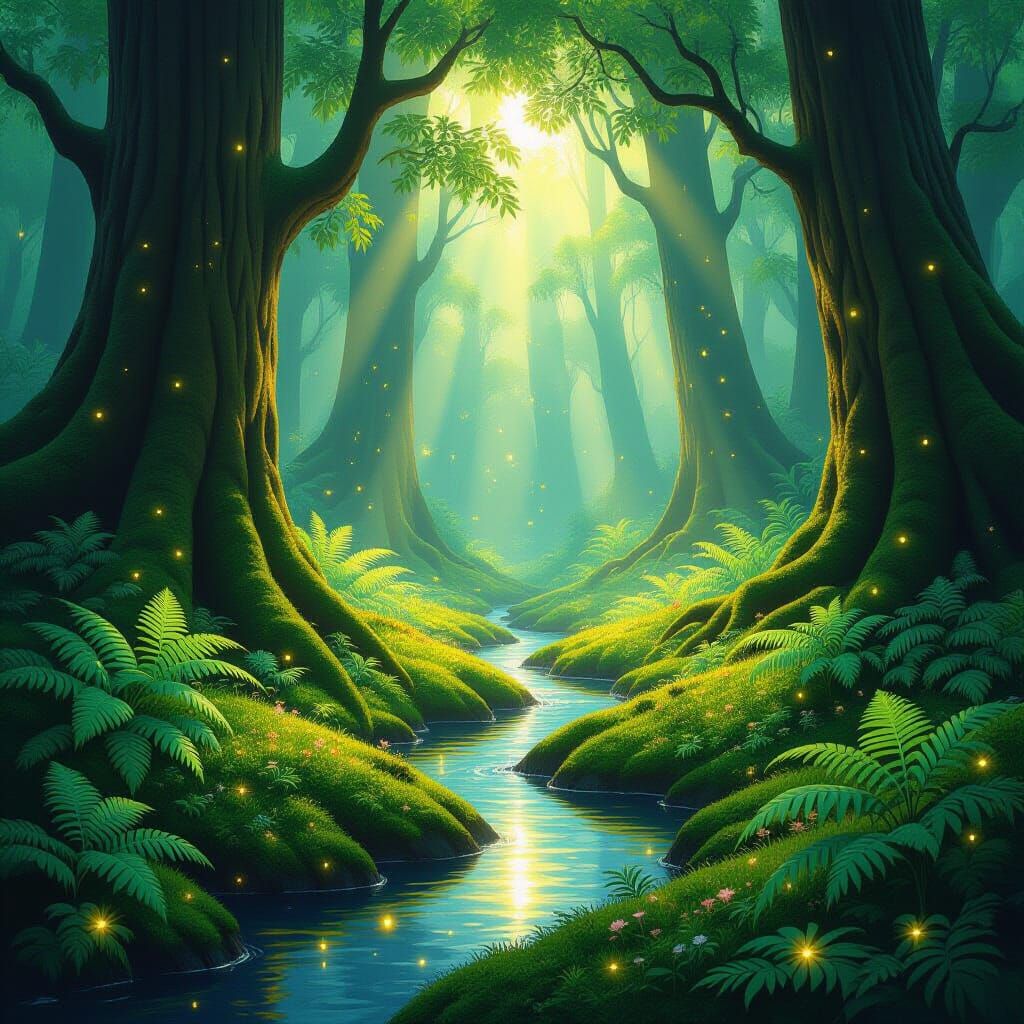 Enchanting Forest with Fireflies and Sunlight