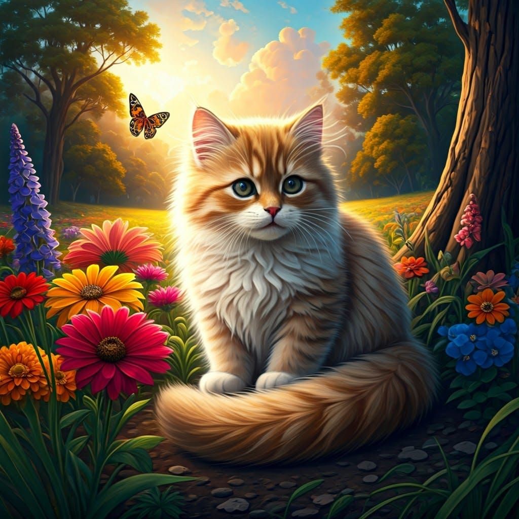Ginger Kitten in Flower Garden, Art Nouveau Style