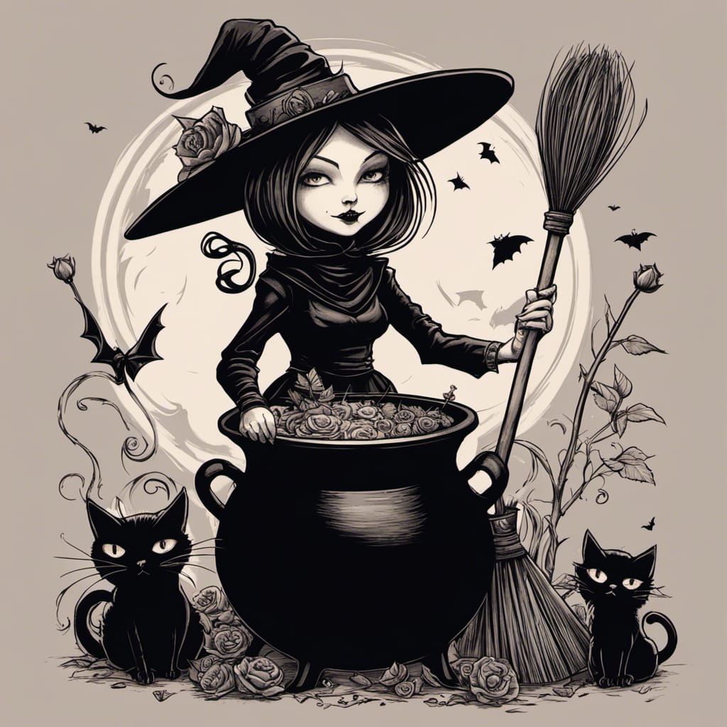 Punk Witch with Black Cat in Art Brut Style