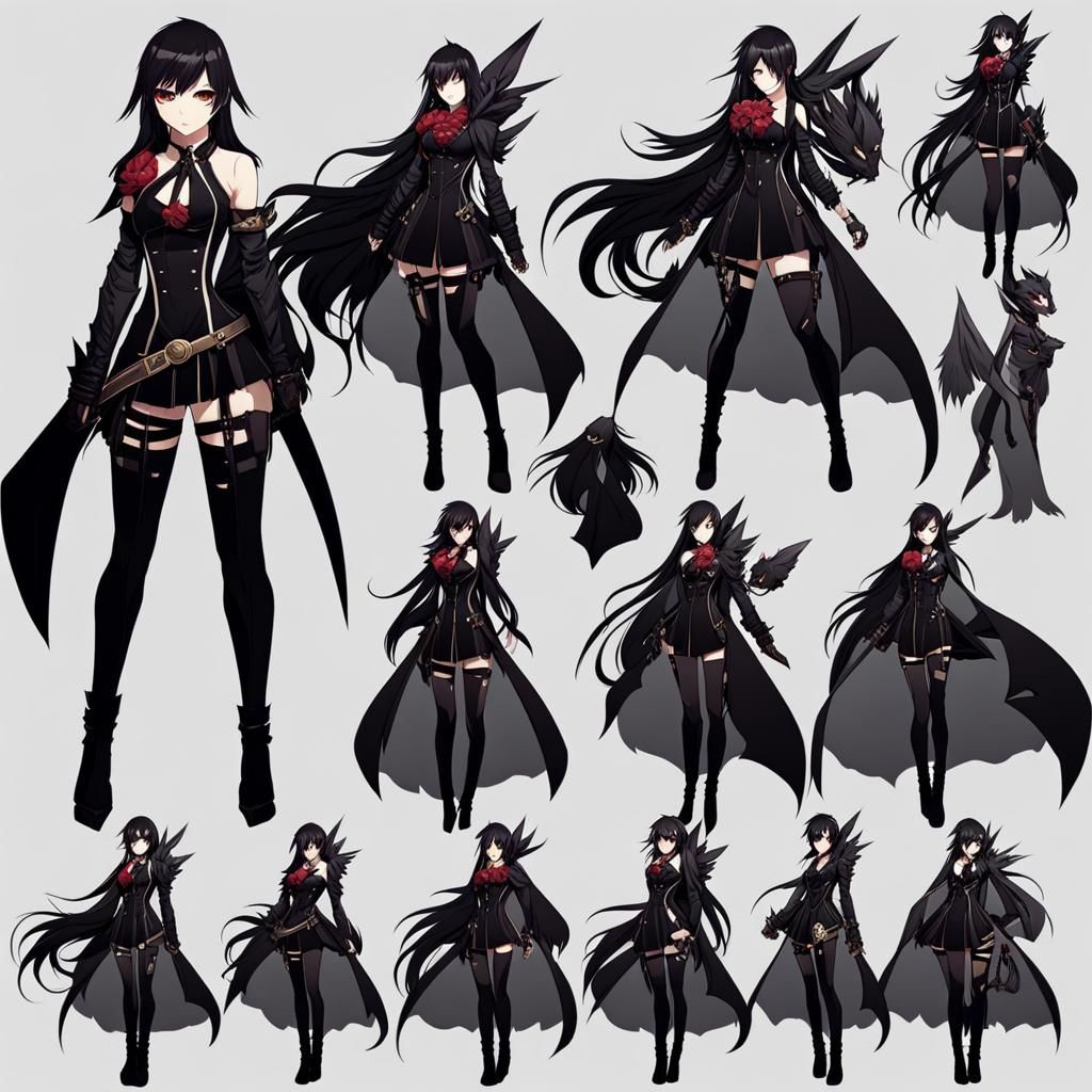 Edgy Female Fantasy Character Reference Sheet in Anime Style