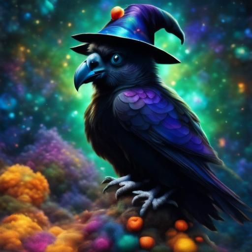Raven in Witch Hat on Pumpkin: 8-bit Digital Art