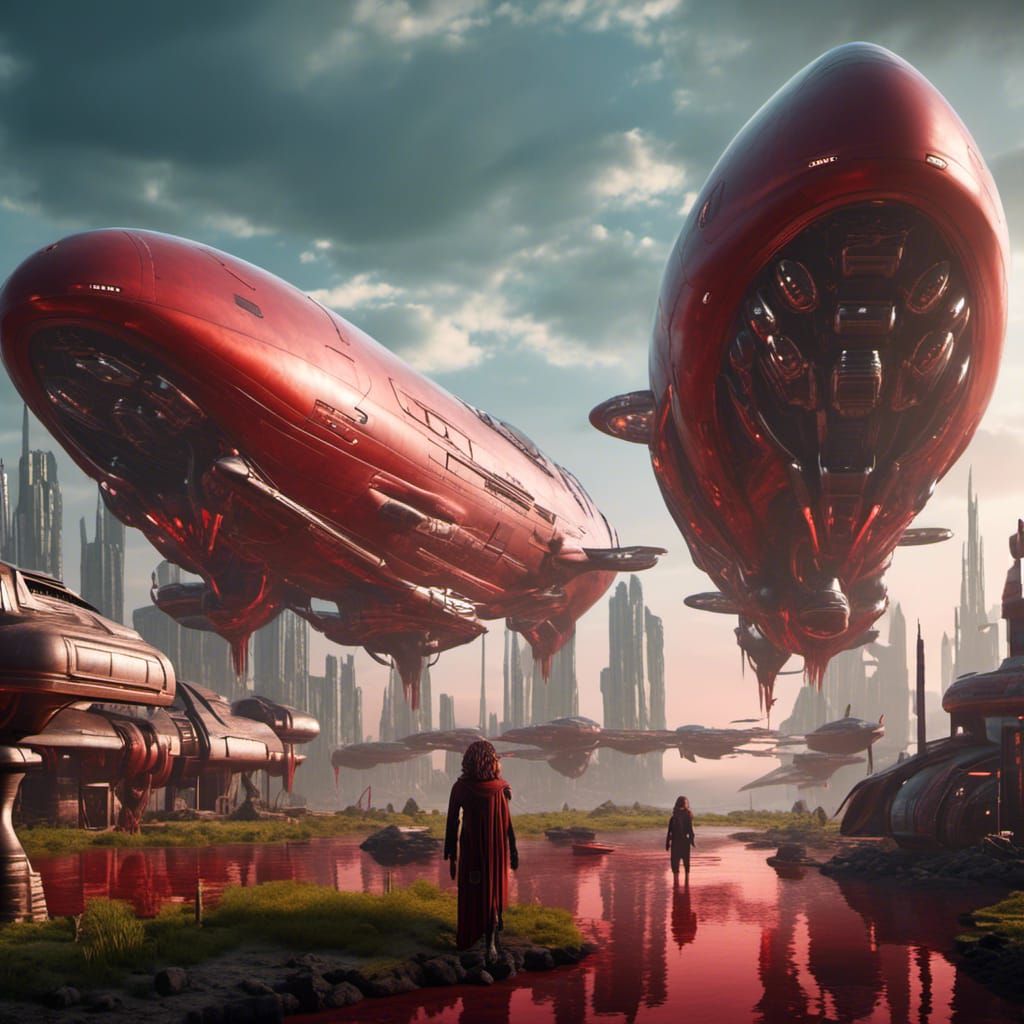 Levitating Alien Airships in Red Sunlight