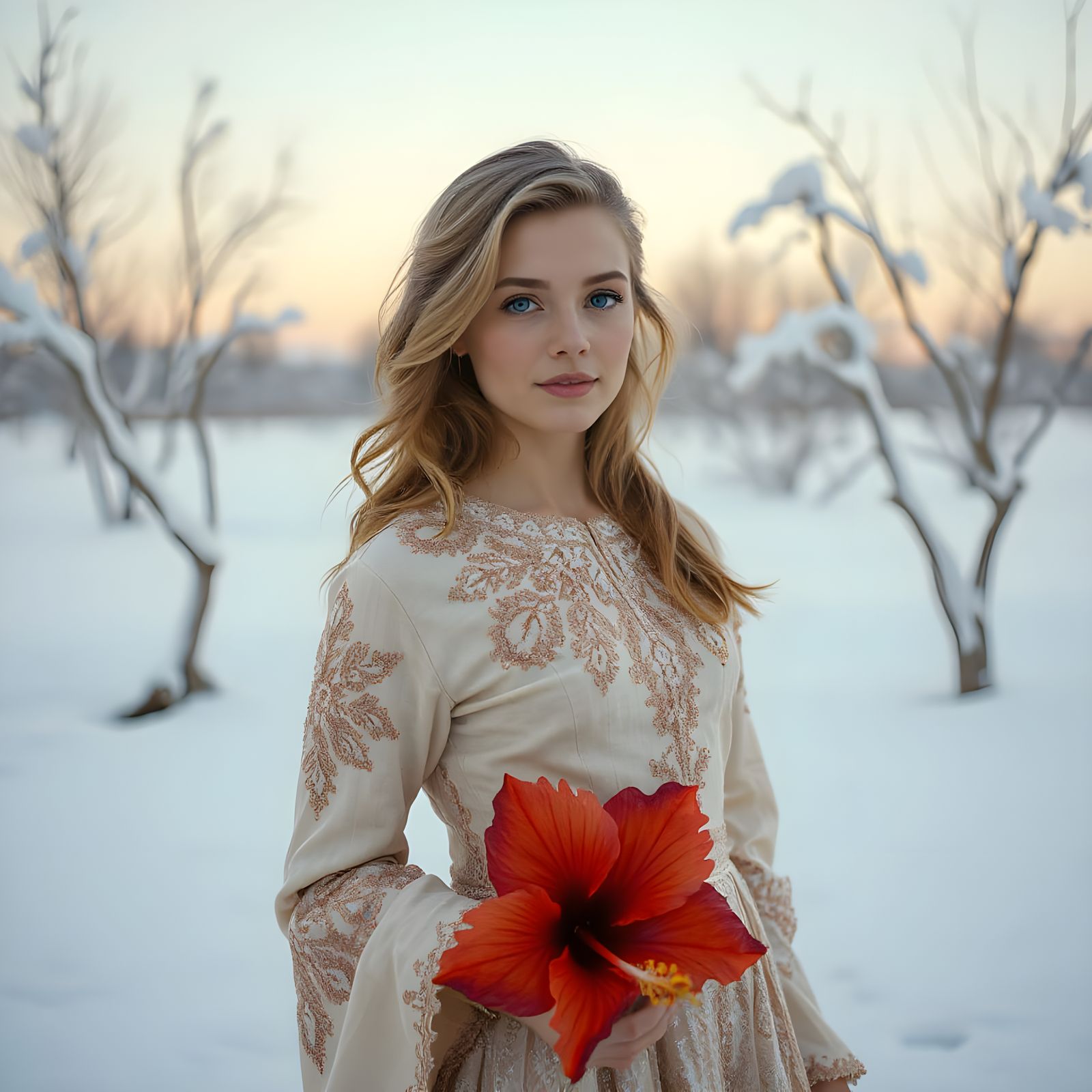 Winter Woman with Hibiscus Flower Portrait