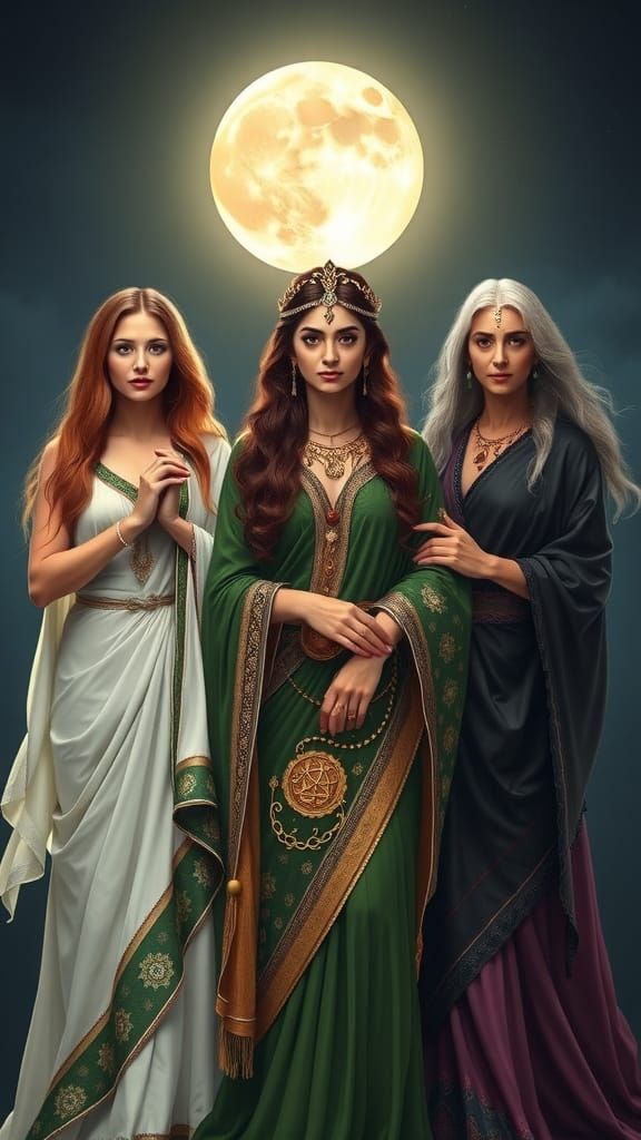 Wiccan Triune Goddess Embodied in Three Women under Full Moo...