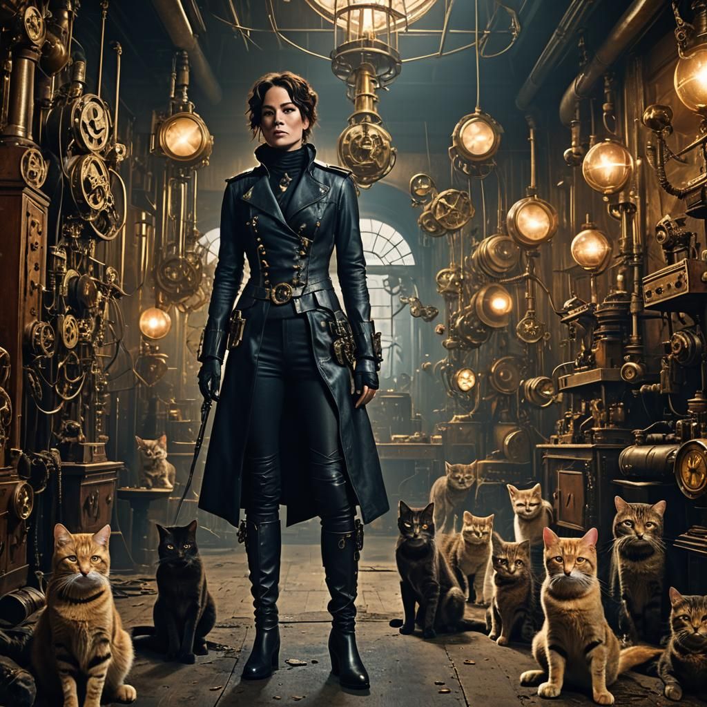 Steampunk Cat Lady Portrait in Dark Academia Style