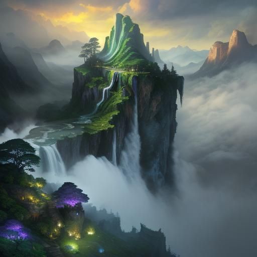 Majestic Waterfall Cascades in Digital Matte Painting