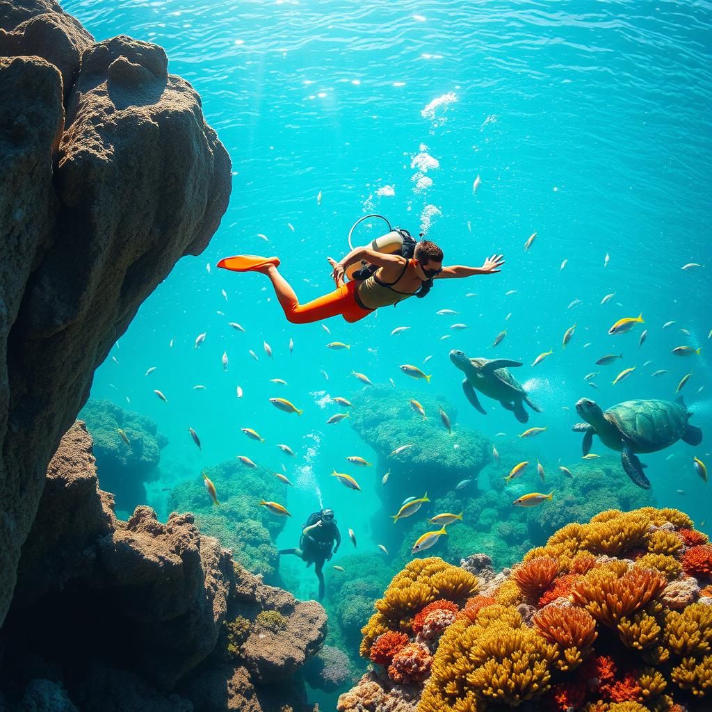 Diver's Leap into Coral Paradise: Impressionistic Underwater...