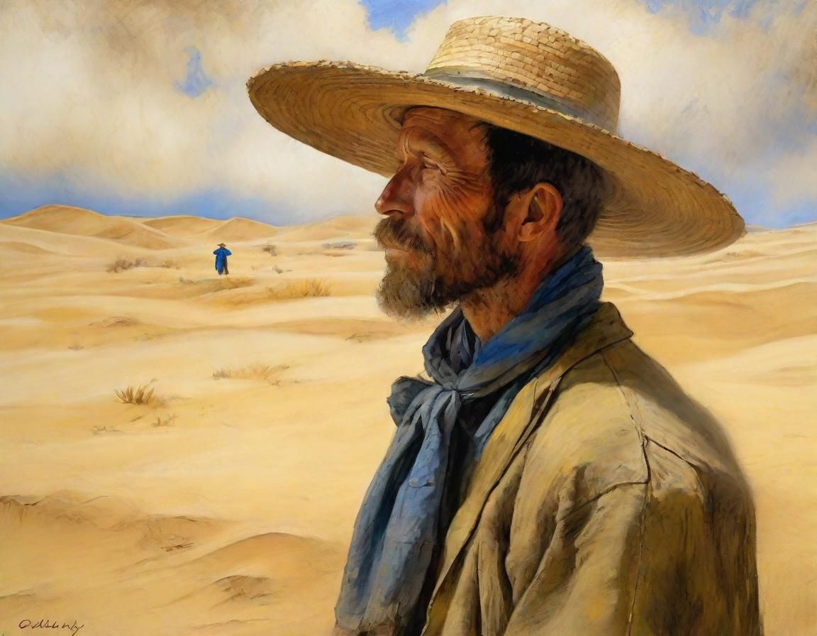 Desert Nomad in Woven Hat: Impressionist-Romanticism Art