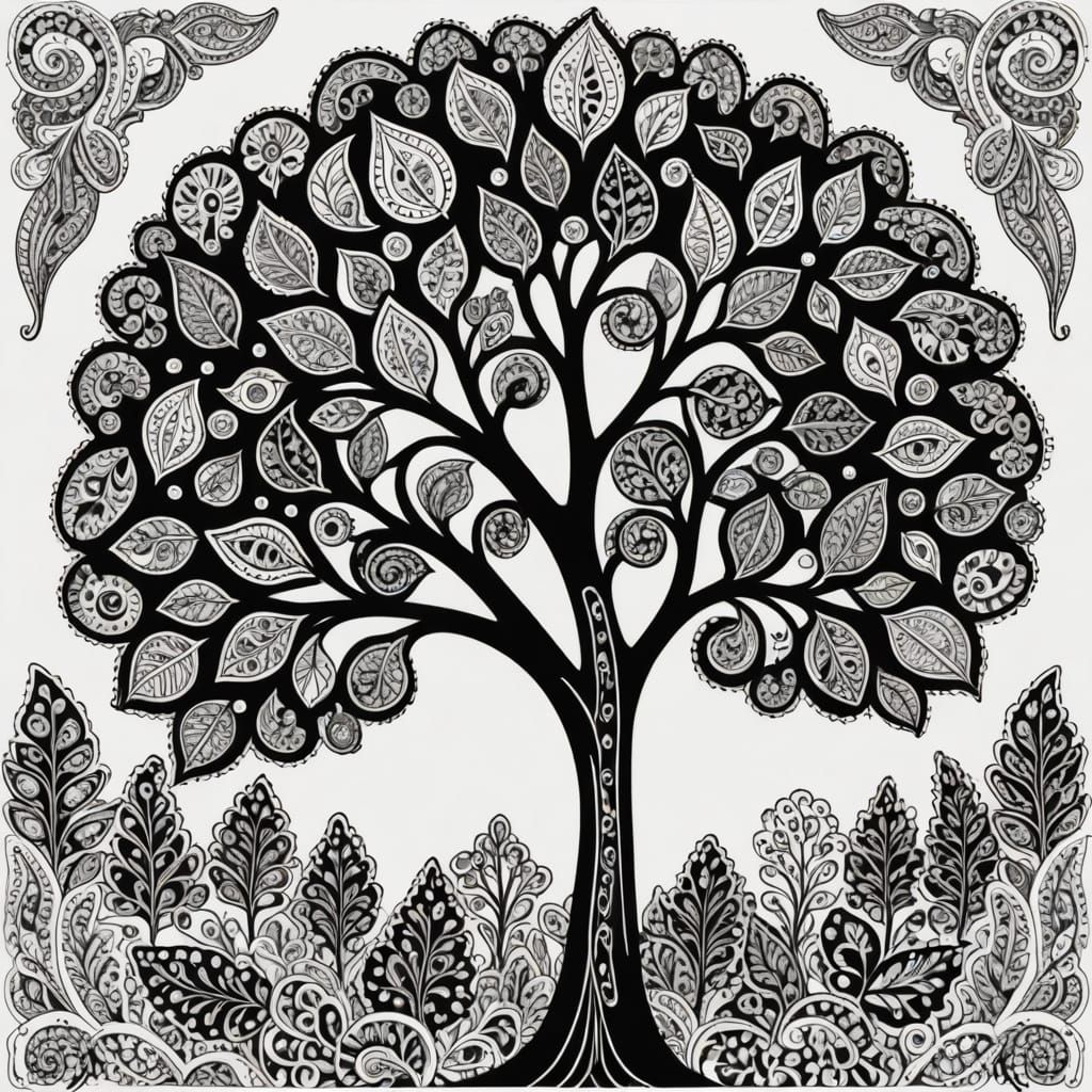Paisley Pattern Trees Coloring Page