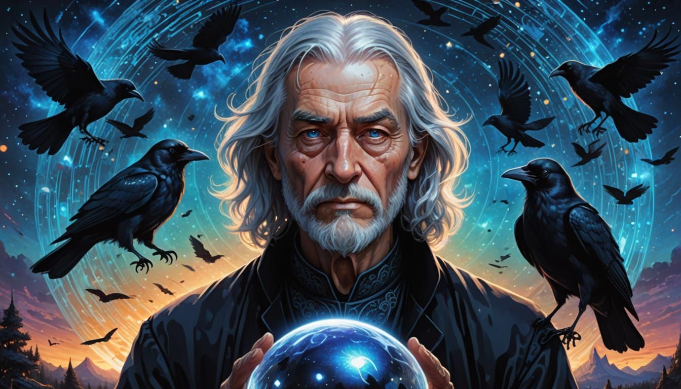 Wizard With Crows Emerging From Magic Ball