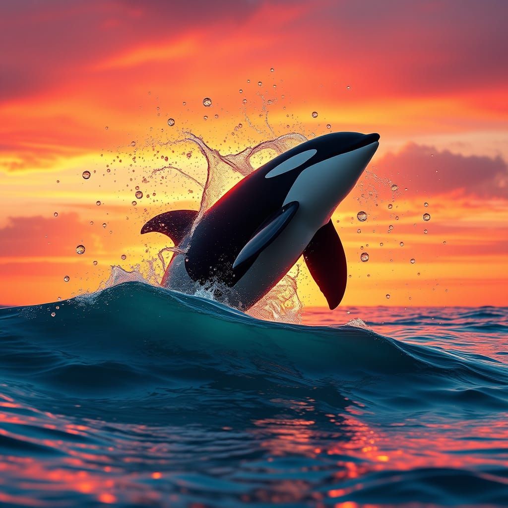 Majestic Orca in Vibrant Sunset, Ocean Spray, and Golden Lig...