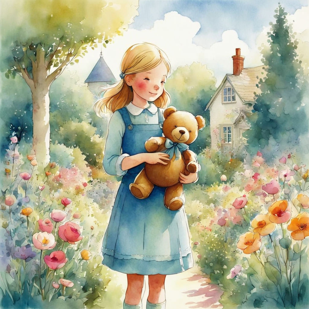 Girl and Teddy Bear in Watercolor Garden