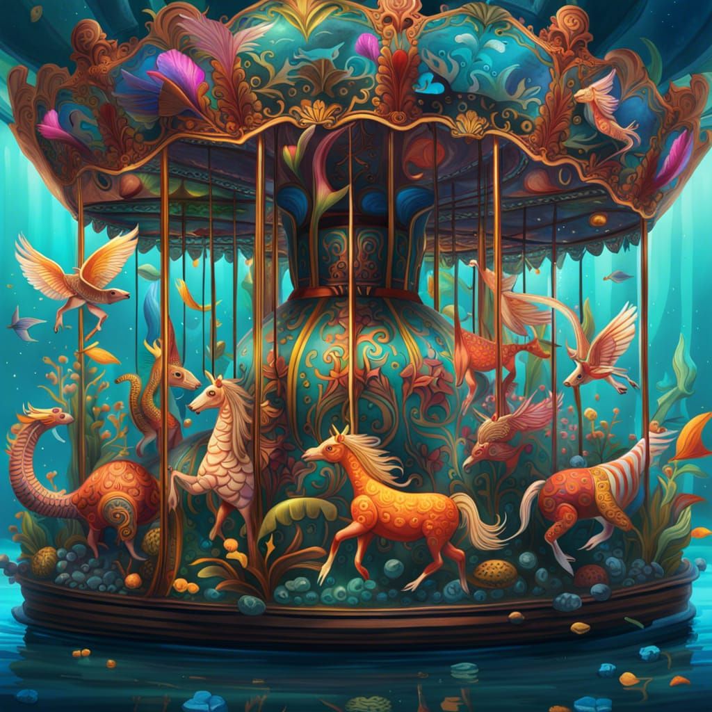 Psychedelic Carousel Animals in Aquarium, Digital Art