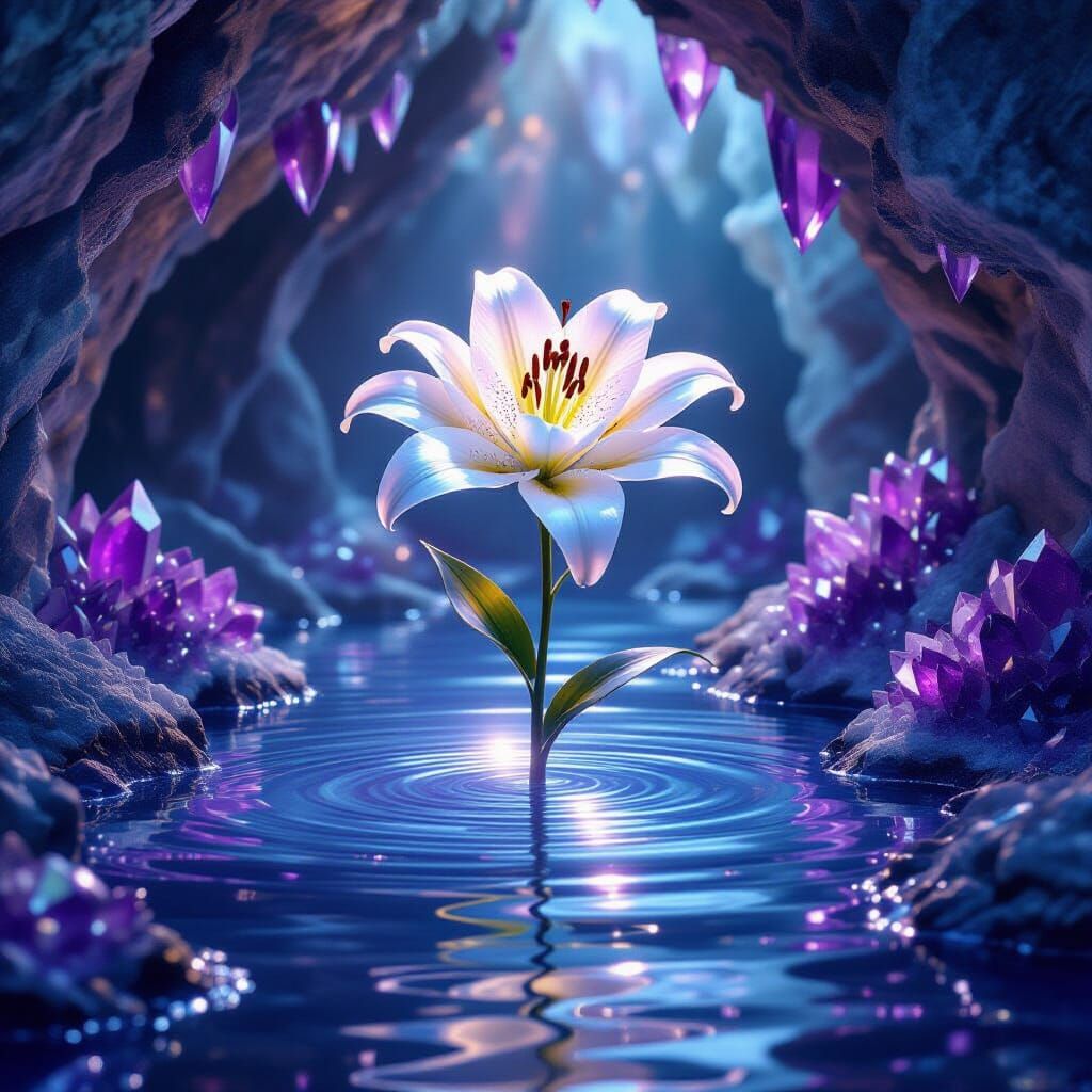 Luminous Lily Rising from Mercury Pool, Digital Matte Painti...