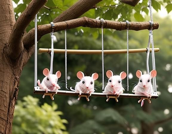 Mice Play on Swings in a Tree