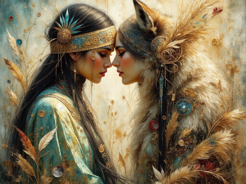 Tribal Princess and Wolf Companion as Impasto Art