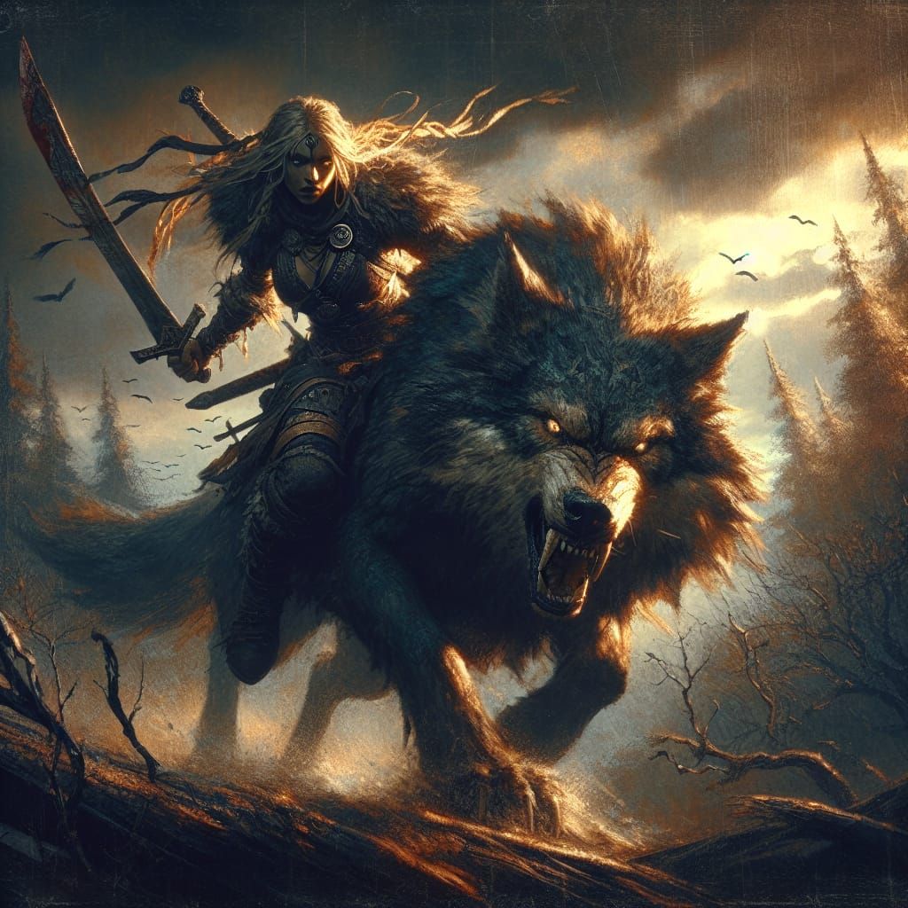 Viking Warrior on Battle Wolf in Forest