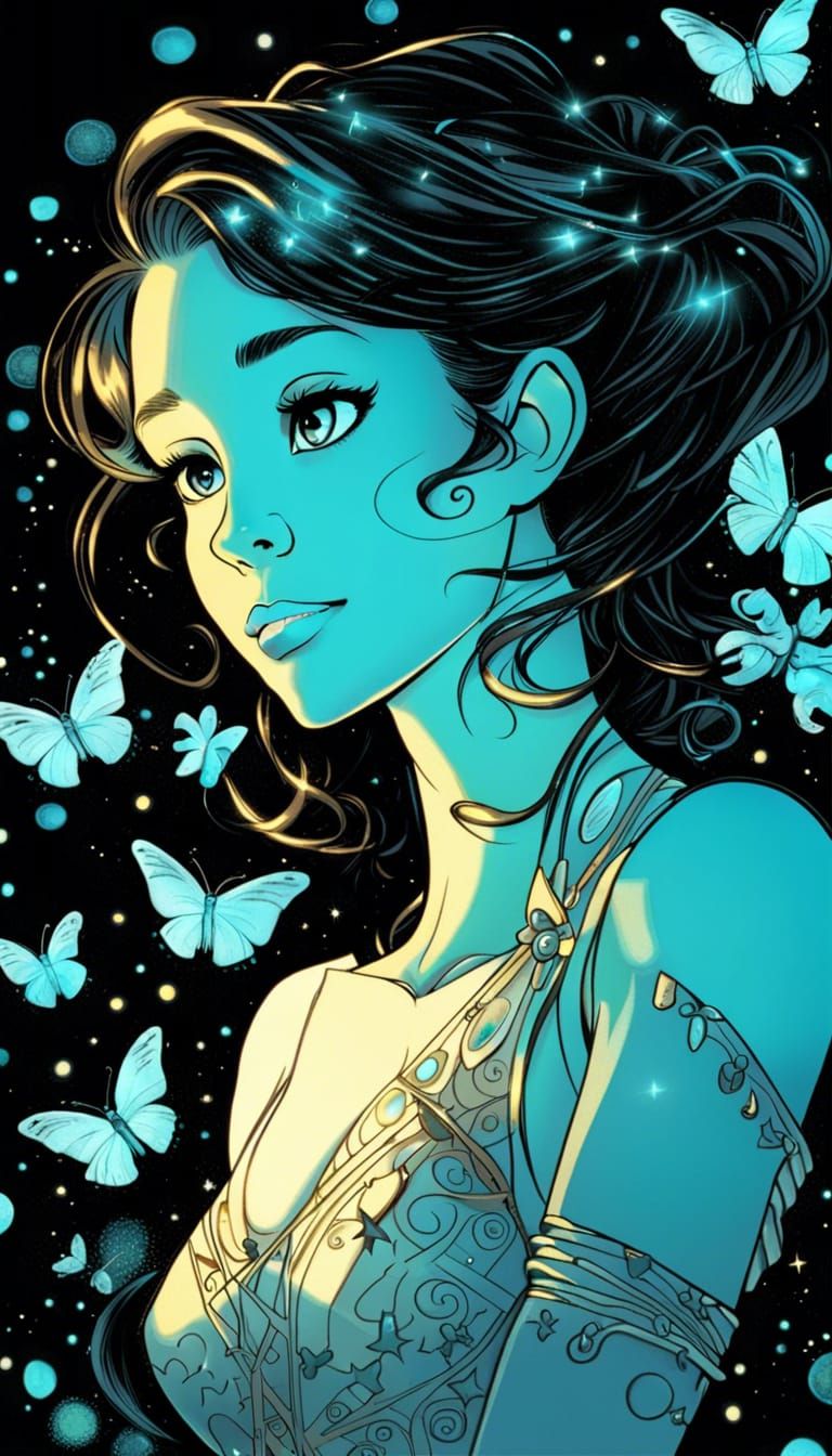Aqua-Eyed Girl Portrait with Stars and Butterflies
