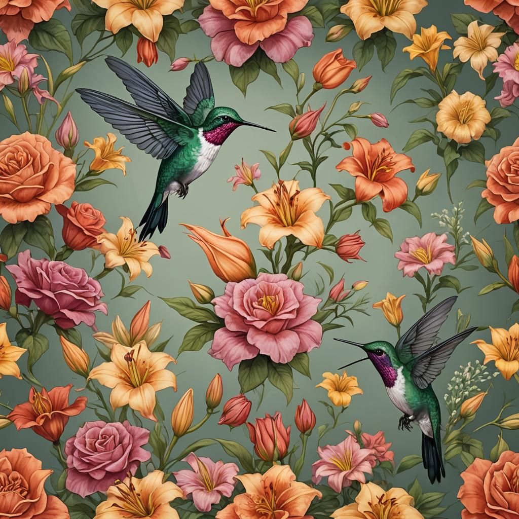 Hummingbird Among Roses and Daylilies