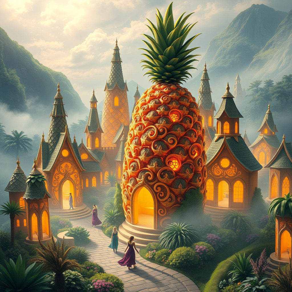 Dreamy Pineapple City in Ethereal Landscape