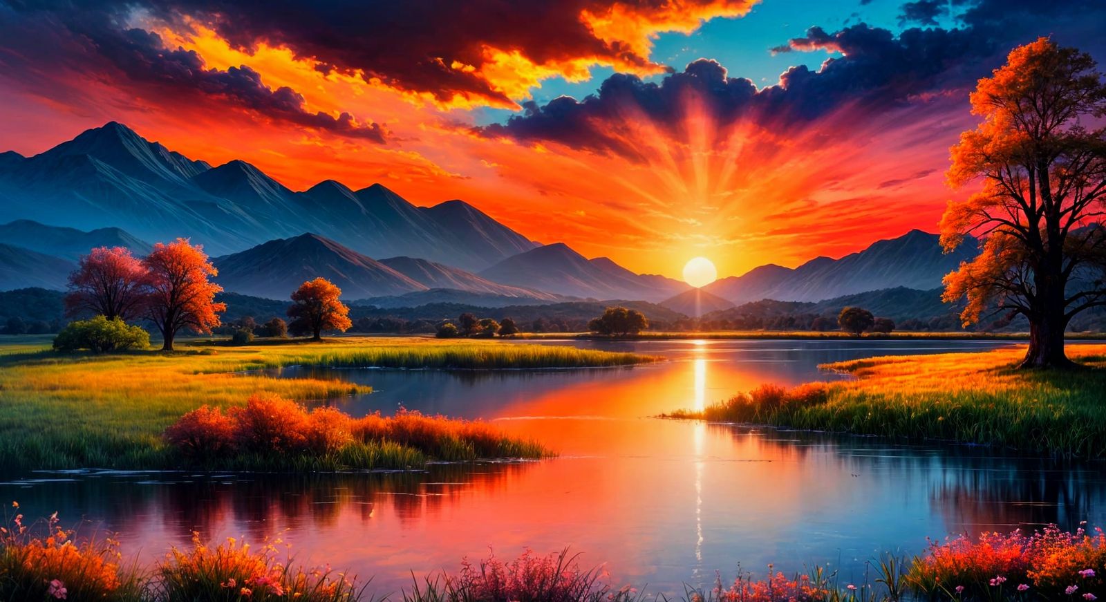 Spring Sunset Oil Painting Over Blooming Meadow