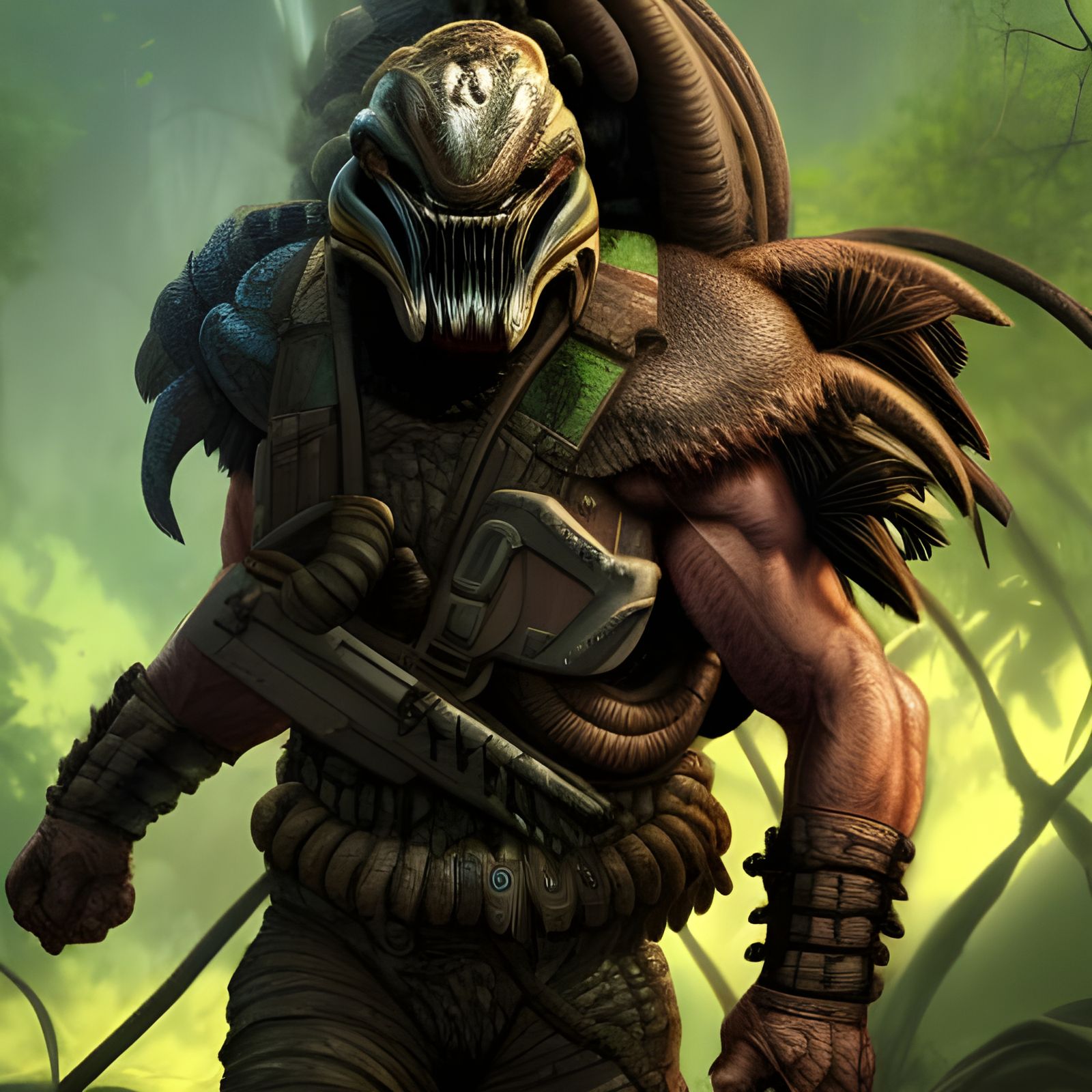Armored Predator Hunter Portrait in Jungle